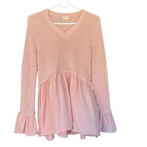 Altar'd State Womens Babydoll Sweater Small Peachy Pink Layered V-neck Rayon‎